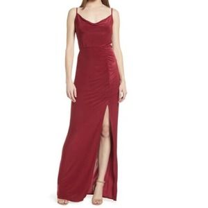 NWT‎ WAYF Womens Gown Size XL Layla Ruched Cowl Neck Daring Slit Burgundy